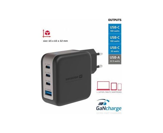 Swissten GaN 3x USB-C PD 100W / USB-A 18W QC Tīkla Lādētājs
