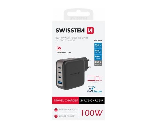 Swissten GaN 3x USB-C PD 100W / USB-A 18W QC Tīkla Lādētājs
