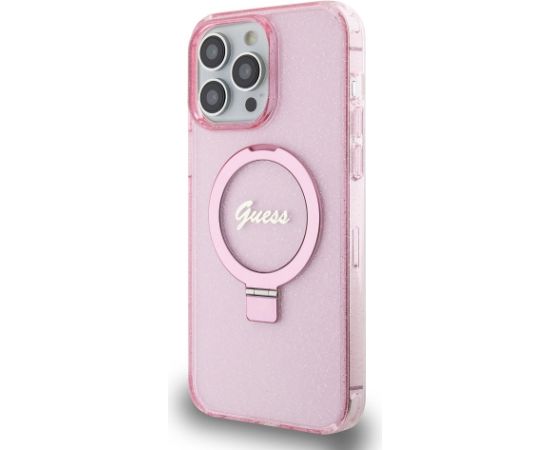 Guess IML Ring Stand Glitter MagSafe Case for iPhone 15 Pro Max Pink