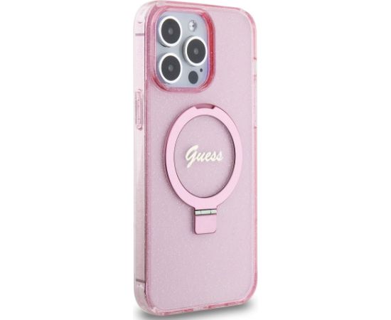 Guess IML Ring Stand Glitter MagSafe Case for iPhone 15 Pro Max Pink