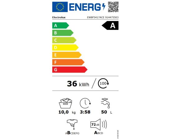Electrolux EW8F5417ACE veļas mazgājamā mašīna 1400rpm 10kg Autodose UltraCare