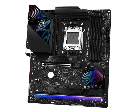 Mainboard ASROCK AMD B850 SAM5 ATX Memory DDR5 Memory slots 4 1xPCI-Express 4.0 16x 1xPCI-Express 5.0 16x 1xM.2 1xHDMI 1xAudio-In 1xAudio-Out 8xUSB 2.0 9xUSB 3.2 3xUSB-C 1xOptical S/PDIF 1xRJ45 B850RIPTIDEWIFI