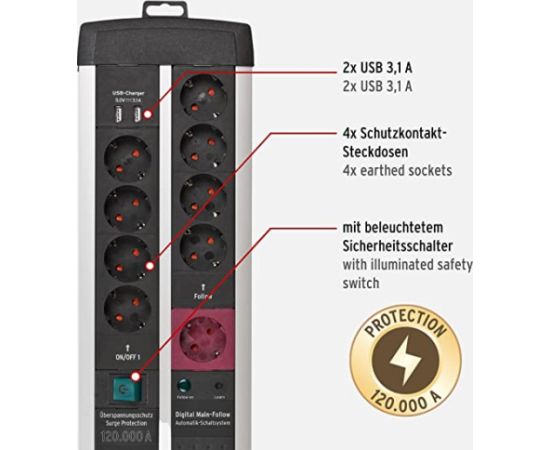 Brennenstuhl Premium-Protect-Line, 11-way duo, power strip (black/silver, 120,000A surge protection, 3 meters)