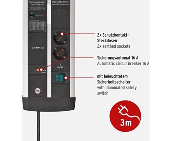 Brennenstuhl Premium-Protect-Line, 11-way duo, power strip (black/silver, 120,000A surge protection, 3 meters)