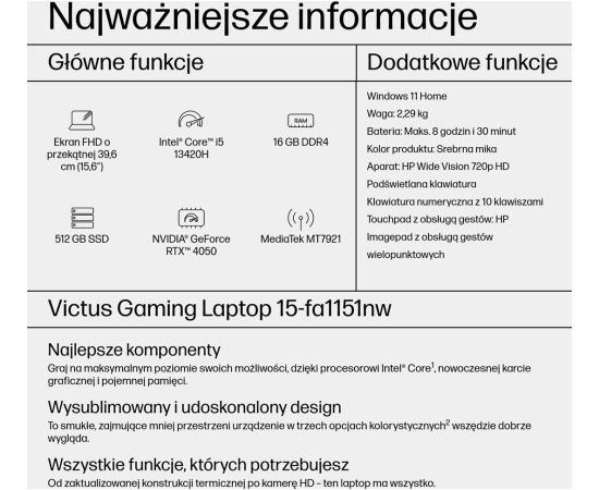 HP Victus 15-fa1151nw i5-13420H 15,6"FHD AG IPS 144Hz 16GB SSD512 RTX 4050_6GB BLKB 70Wh Win11