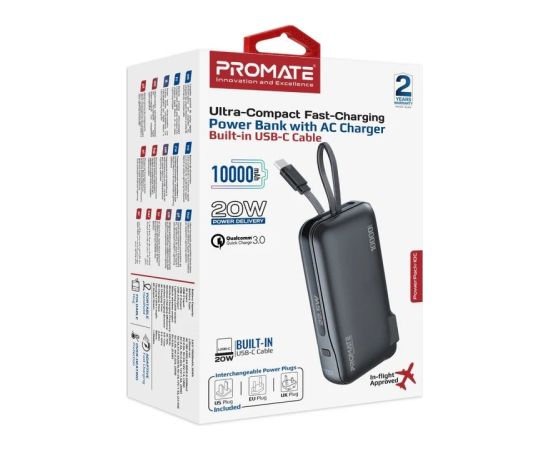 Promate PowerPack-10C Ārējas uzlādes baterija 22W / 10000mAh / USB-C PD / 220V EU/US/UK