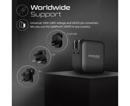 Promate GaNPort4-100PD GaNFast™ Tīkla lādētājs ES/ASV/AK/AUS