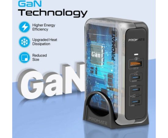 Promate GaNPort-140W GaNFast™ Uzlādes stacija 140W / USB-C PD 3.1 / QC3.0