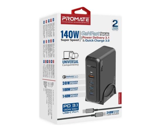 Promate GaNPort-140W GaNFast™ Uzlādes stacija 140W / USB-C PD 3.1 / QC3.0