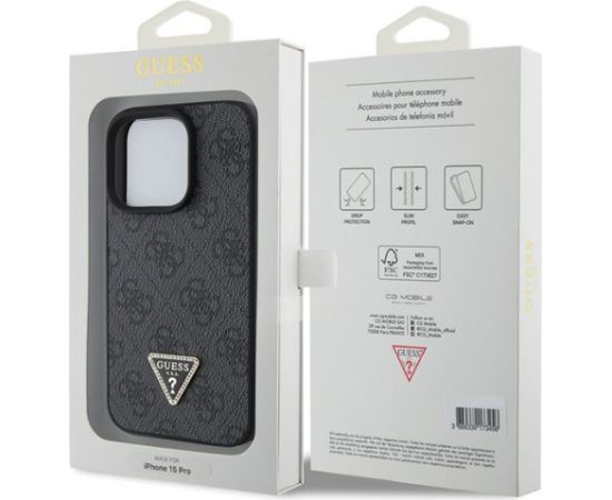 Guess PU Leather 4G Triangle Strass Case Aizsargapvalks Priekš iPhone 15 Pro