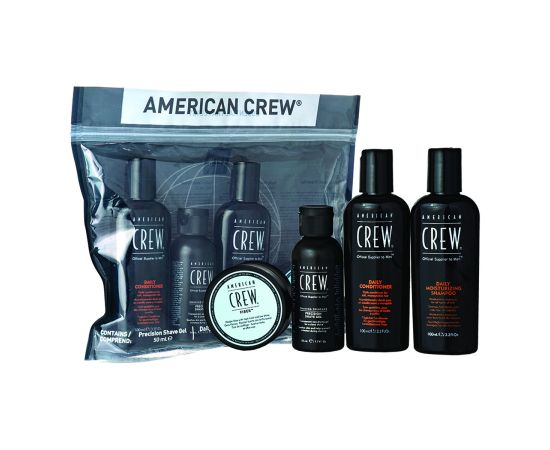Set American Crew: Daily, Hair Conditioner, For Moisturizing, 100 ml + Daily, Hair Shampoo, For Hydration, 100 ml + Fiber, Hair Styling Pomade, For Styling, Strong Hold, 50 ml + Precision, Soothing, Shaving Gel, 50 ml For Men