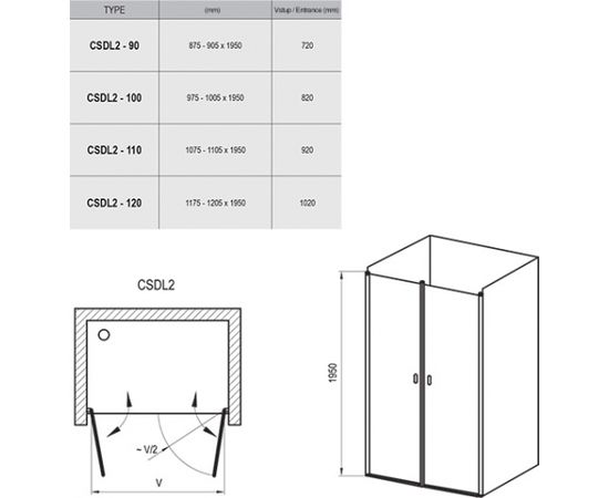 Ravak CSDL2-120 white+Transparent veramās dušas durvis