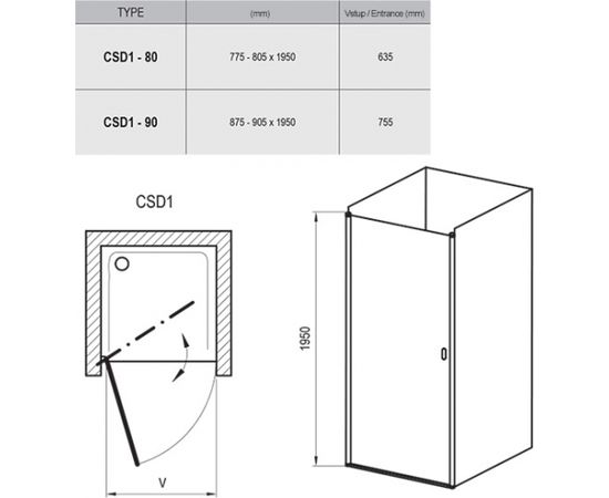 Ravak CSD1-90 satin+Transparent veramās dusas durvis