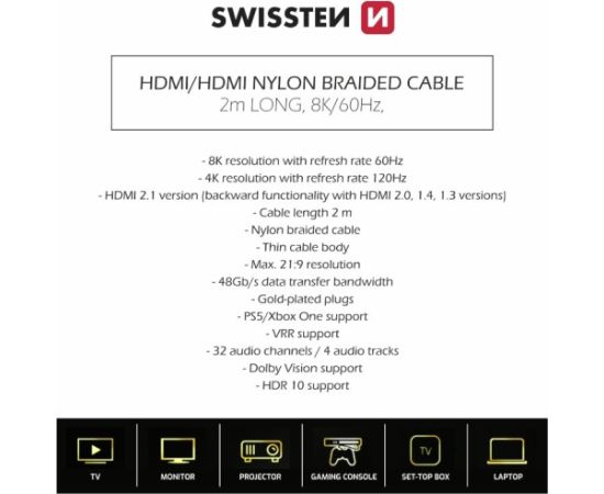Swissten HDMI на HDMI 8K Кабель 2m