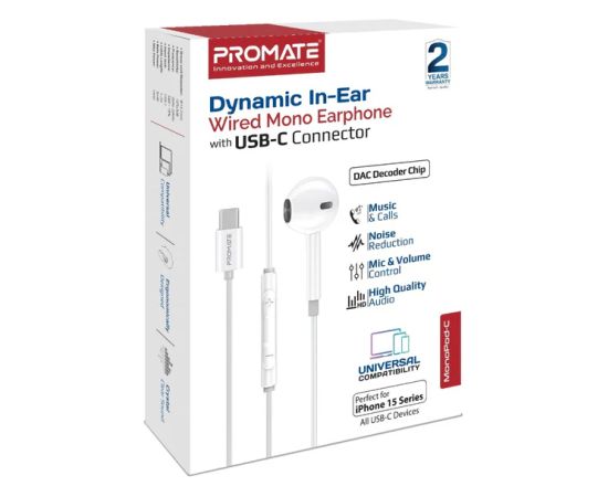 Promate MonoPod Dynamic Mono In-Ear Проводные наушники USB-C / 1.2m