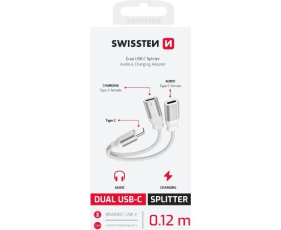 Swissten Textile USB-C Audio Charging Adapteris 2x USB-C 0.12m