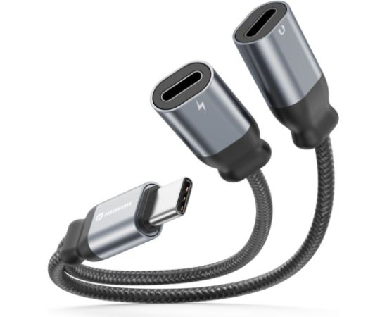 Swissten Textile USB-C Audio Charging Adapteris 2x USB-C 0.12m