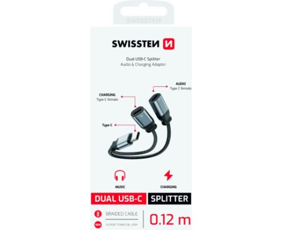 Swissten Textile USB-C Audio Charging Adapteris 2x USB-C 0.12m