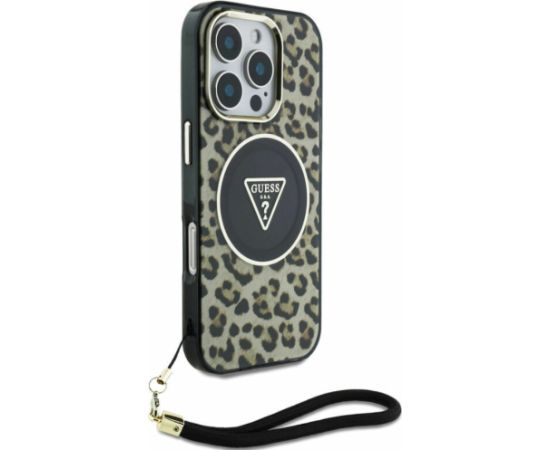 Guess IML Leopard Triangle Logo Strap MagSafe Case Aizsargapvalks priekš Apple iPhone 16 Pro Max