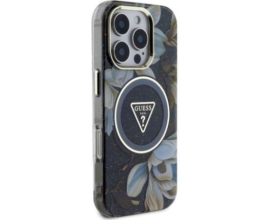 Guess IML Glitter Magnolia and Triangle Logo MagSafe Case Aizsargapvalks priekš Apple iPhone 16 Pro Max