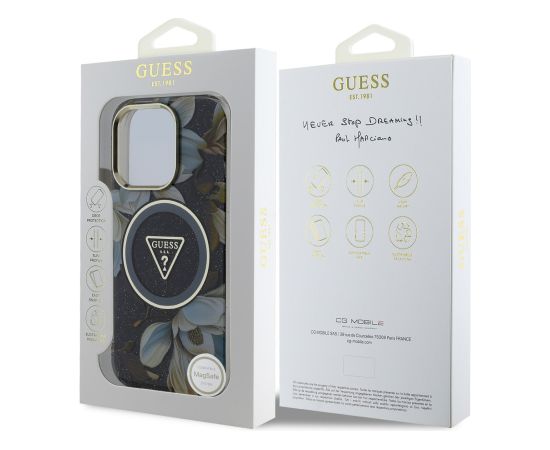 Guess IML Glitter Magnolia and Triangle Logo MagSafe Case Aizsargapvalks priekš Apple iPhone 16 Pro Max