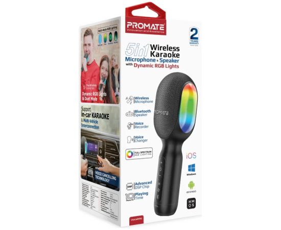 Promate VocalMic 5-in-1 RGB Bezvadu karaoke mikrofons un skaļrunis