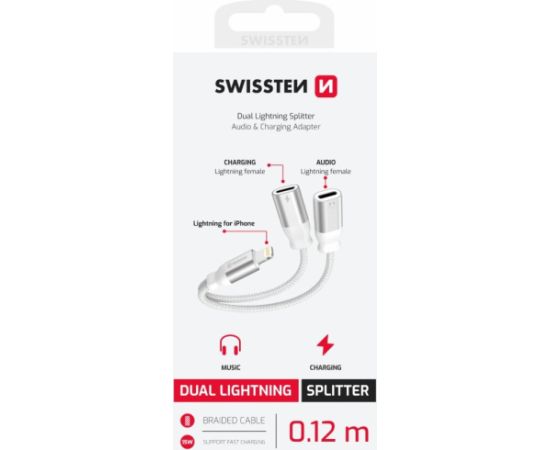 Swissten Textile Lightning Audio Charging Адаптер 2x Lightning 0.12m