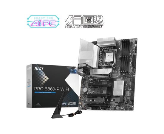 Mainboard MSI Intel B860 Express LGA1851 ATX Memory DDR5 Memory slots 4 2xPCI-Express 4.0 1x 1xPCI-Express 4.0 4x	 1xPCI-Express 5.0 16x 3xM.2 1xHDMI 1xDisplayPort 8xUSB 2.0 2xUSB 3.2 1xUSB-C 1xRJ45 3xAudio port 1xThunderbolt PROB860-PWIFI