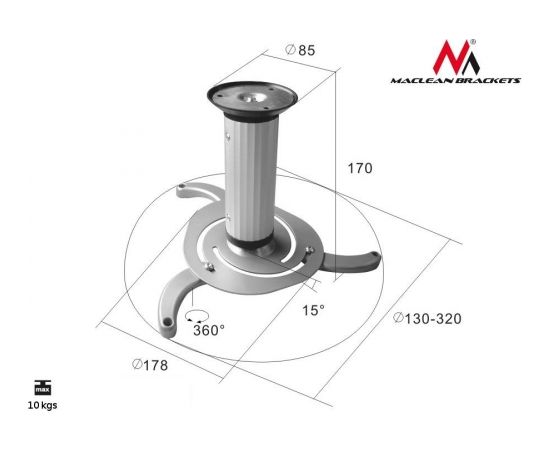 Maclean MC-515 Quality Ceiling Projector Mount Bracket Universal Silver Max 10KG