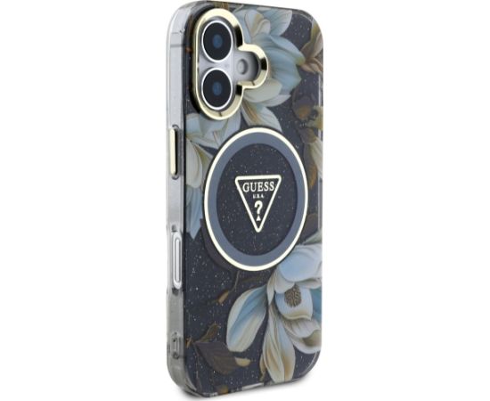 Guess Glitter Flowers Triangle Buttons MagSafe Aizsargapvalks priekš Apple iPhone 16