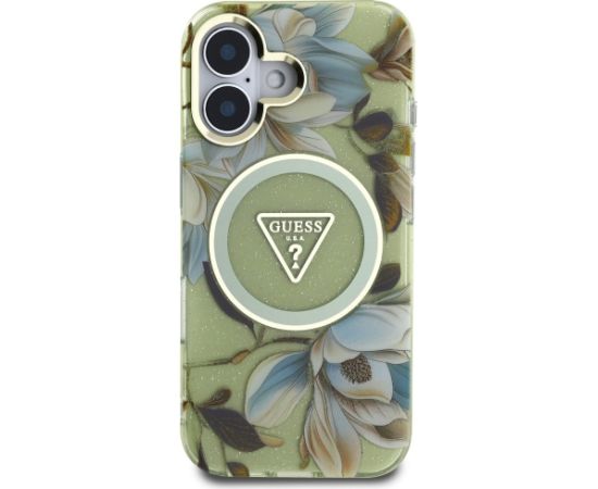 Guess Glitter Flowers Triangle Buttons MagSafe Aizsargapvalks priekš Apple iPhone 16