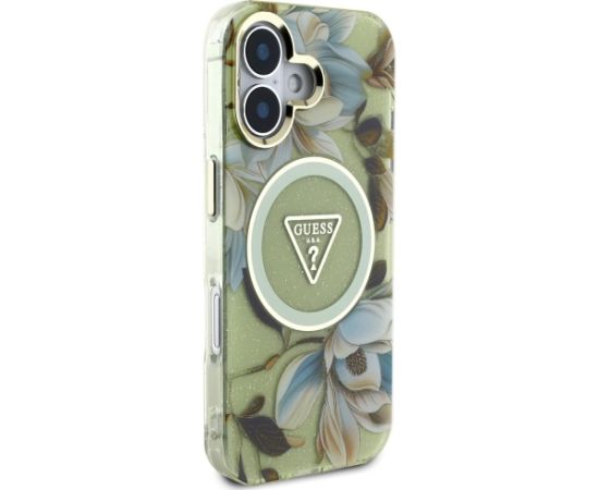 Guess Glitter Flowers Triangle Buttons MagSafe Aizsargapvalks priekš Apple iPhone 16