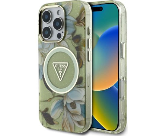 Guess Glitter Flowers Triangle Buttons MagSafe Aizsargapvalks priekš Apple iPhone 16 Pro