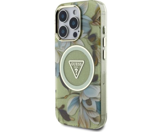 Guess Glitter Flowers Triangle Buttons MagSafe Aizsargapvalks priekš Apple iPhone 16 Pro