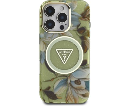 Guess Glitter Flowers Triangle Buttons MagSafe Aizsargapvalks priekš Apple iPhone 16 Pro