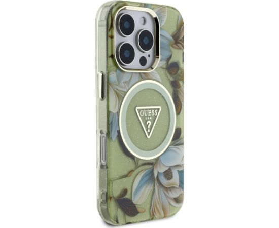 Guess Glitter Flowers Triangle Buttons MagSafe Aizsargapvalks priekš Apple iPhone 16 Pro