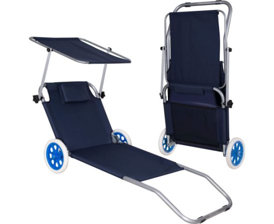 Dārza sauļošanās gulta Springos GC0044, salokāma, ar riteņiem un jumtiņu, tumši zila Dārza krēsli