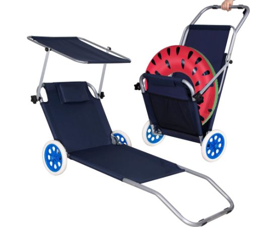 Dārza sauļošanās gulta Springos GC0044, salokāma, ar riteņiem un jumtiņu, tumši zila Dārza krēsli