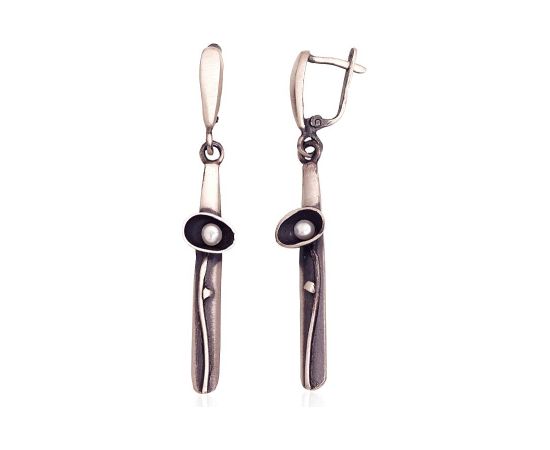 Sudraba auskari #2203496(Matt+POx-MattBk)_PE, Sudrabs 925°, oksids (pārklājums), Pērles, 7.2 gr. Ar āķīšiem
