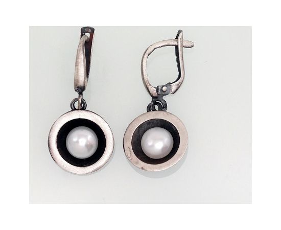 Sudraba auskari ar 'angļu' slēdzēju #2202831(Matt+POx-MattBk)_PE, Sudrabs 925°, oksids (pārklājums), Pērles, 3.7 gr. Ar "angļu" slēdzēju