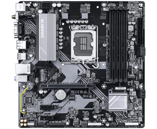 Mainboard GIGABYTE Intel B760 Express LGA1700 Micro-ATX Memory DDR5 Memory slots 4 2xPCI-Express 3.0 1x 1xPCI-Express 4.0 16x 2xM.2 1x15pin D-sub 1xHDMI 1xDisplayPort 2xUSB 2.0 3xUSB 3.2 1xUSB-C 1xPS/2 1xRJ45 3xAudio port B760MD3HPWIFI61.0
