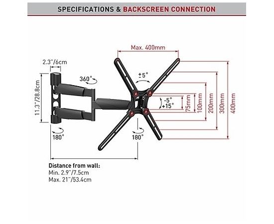 Barkan BM343LP 13"-65" lygiam/lenktam TV, 4 lankstų, sieninis, prailgintas