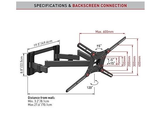 Barkan BM464L 13"-90" lygiam/lenktam TV, 4 lankstų, sieninis, prailgintas