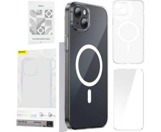 Phone case Baseus Magnetic Crystal Clear for iPhone 13 (transparent) with all-tempered-glass screen protector and cleaning kit