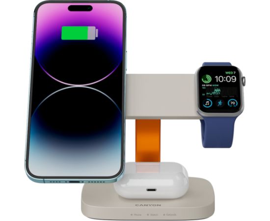 CANYON Wireless Charging Station Hexagon 310 3in1 LightGrey/Orange