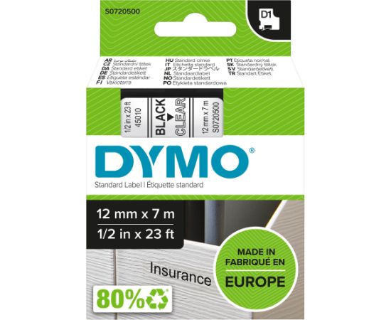 Dymo лента для этикеточного принтера D1 12 мм x7 м, черный/прозрачный