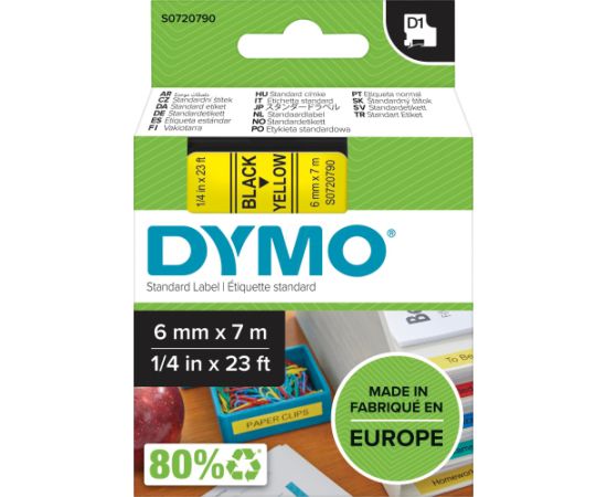 Dymo label printer tape D1 6mmx7m, black/yellow