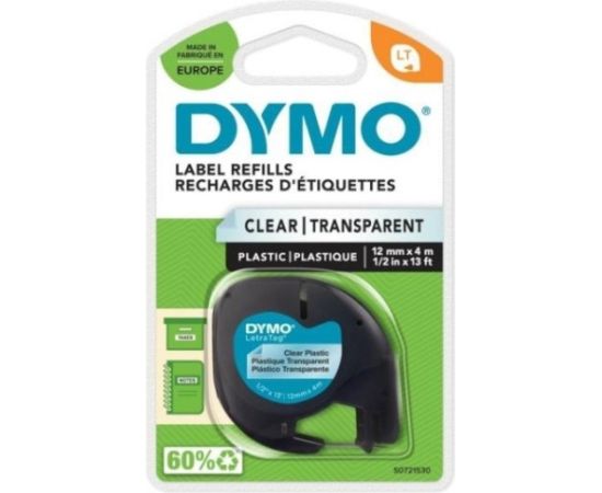 Dymo label printer tape LetraTag Plastic 12mmx4m, black/transparent