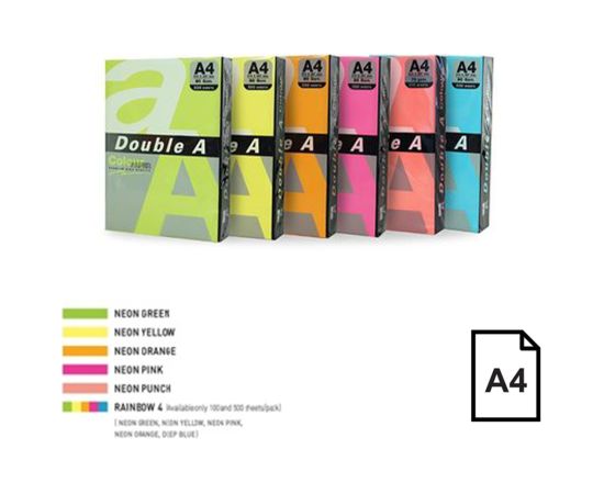Цветная неоновая бумага Double A, 75 г, A4, 500 листов, Rainbow 4, 5 Neon Colors