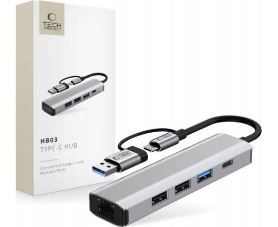 Tech-Protect HB03 5-in-1 USB-C Hub Adapter with USB 2.0, USB 3.0, RJ45 Ethernet, and Type-C - Space Grey